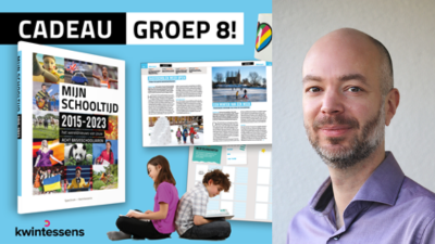 Foto van Lukas Spee met daarbij het boek 'Mijn schooltijd'.